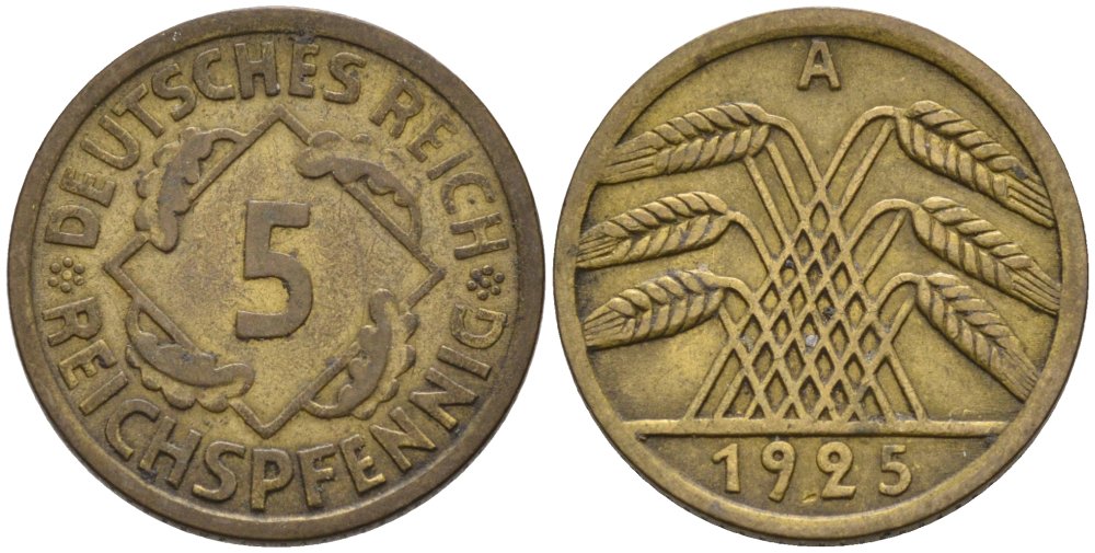 Германия 5 рейхспфеннигов 1925 A KM 39, J. 316, Weege 7 алюминиевая бронза 4567-1035