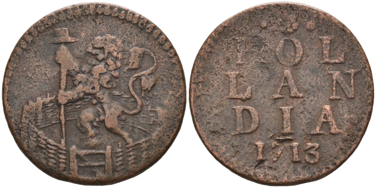 Голландия (Holland), Нидерланды 1 дуит 1713 KM 80 медь 4575-1257