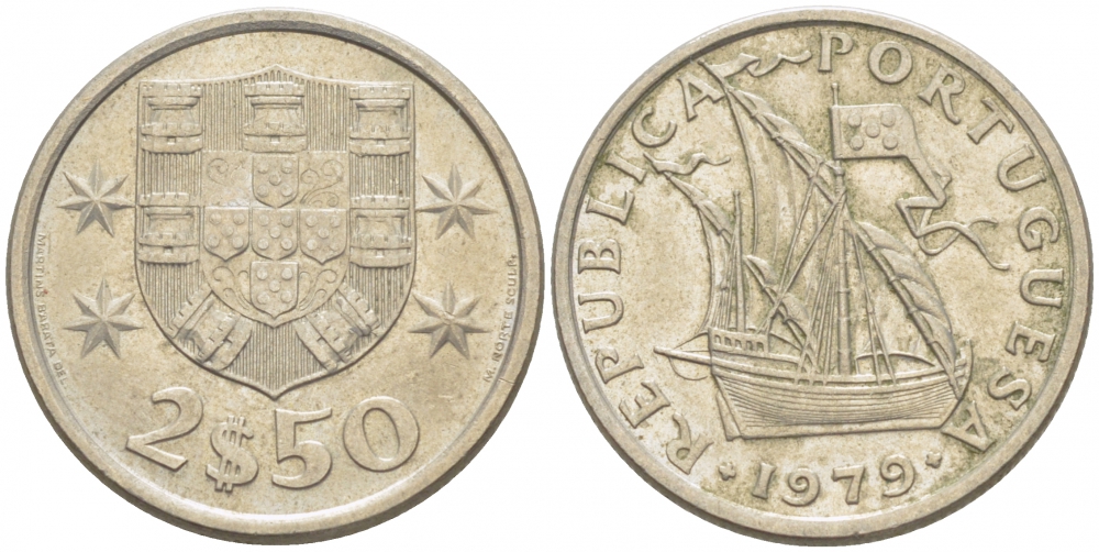 ПОРТУГАЛИЯ 2,5 ЭСКУДО 1979 ПАРУСНИК KM 590 медно-никель 3718-323