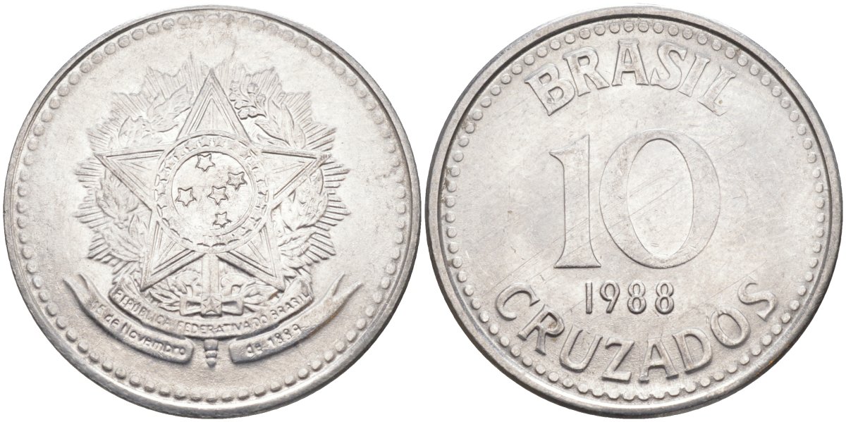 Бразилия 10 крузадо 1988 реформа 1986-1989 KM 607 нержавеющая сталь 219-832