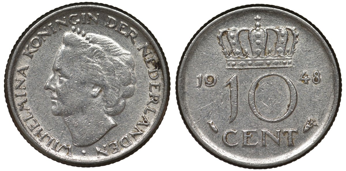 Нидерланды 10 центов 1948 Вильгельмина (1895-1948) KM 177 никель 4124-465