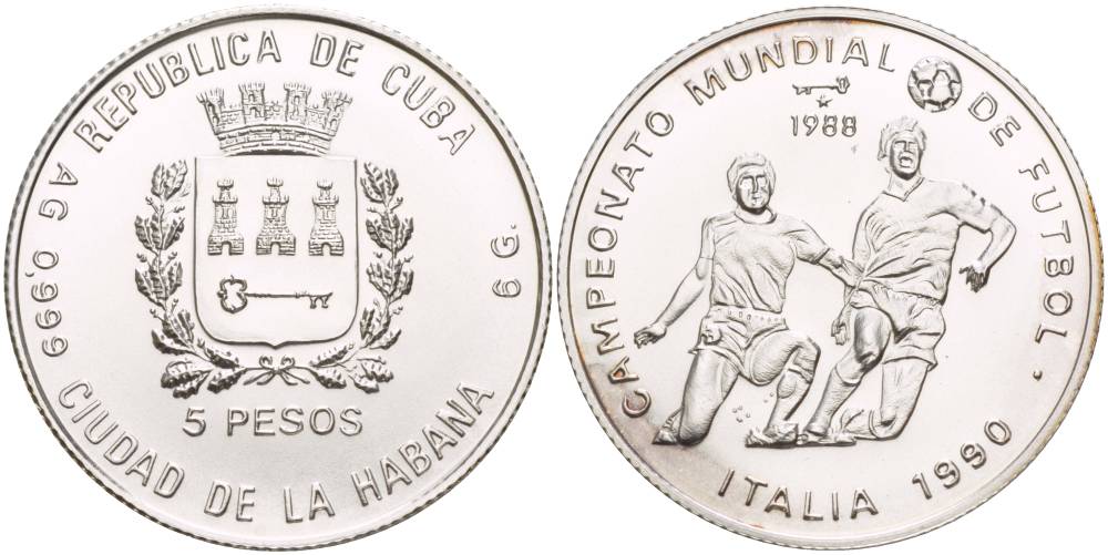Куба 5 песо 1988 чемпионат мира по футболу в Италии 1990 года KM 216 серебро UNC 1087-6-71