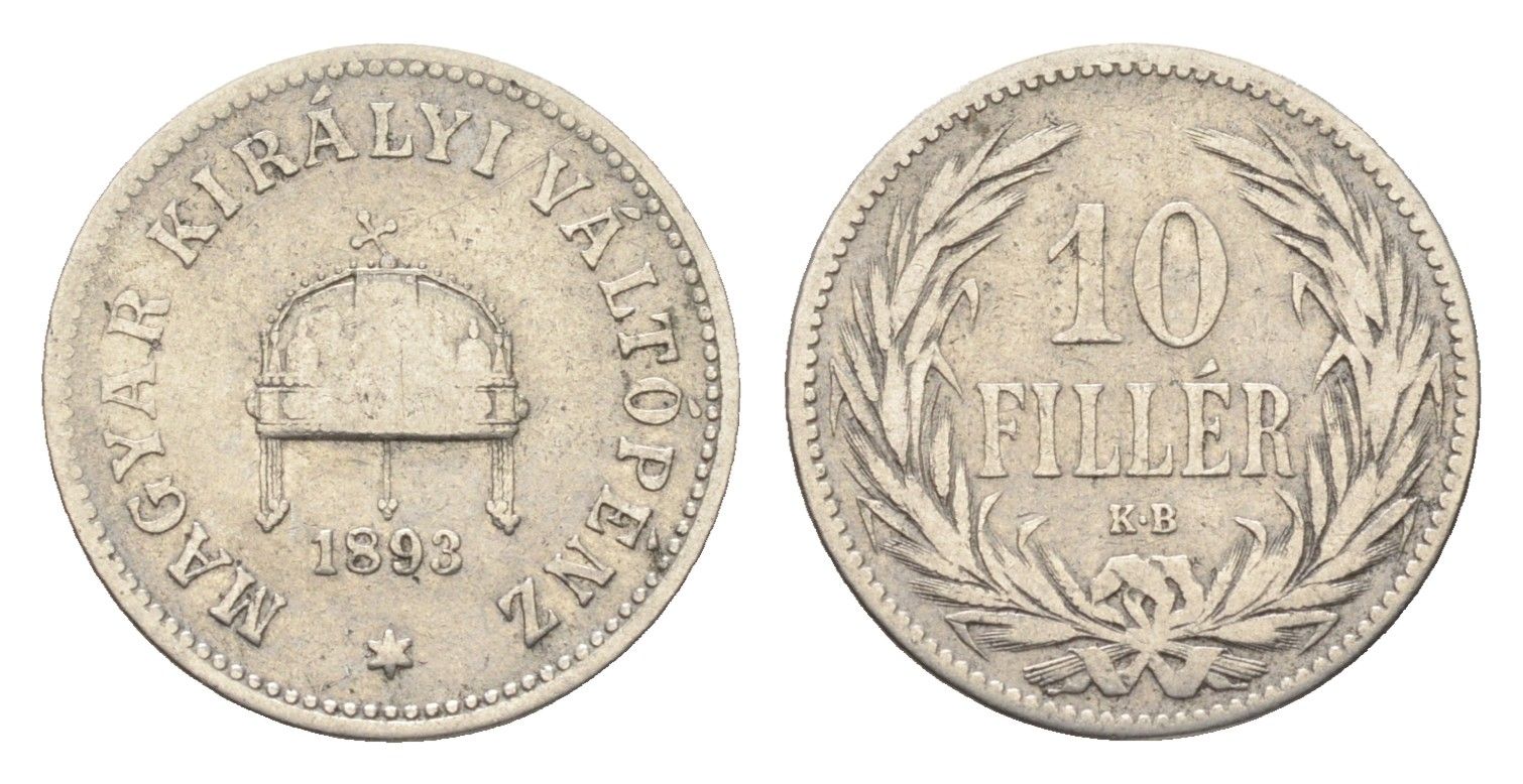 Венгрия 10 филлеров 1893 KB, Франц Иосиф I (1848-1916) KM 482 никель 4665-713