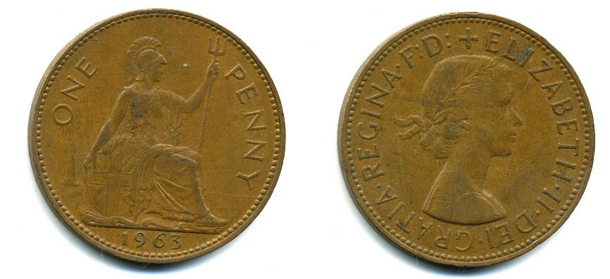 Великобритания 1 пенни 1963 Елизавета II (1952-2022) KM 897, Spink 4157 бронза 57-745