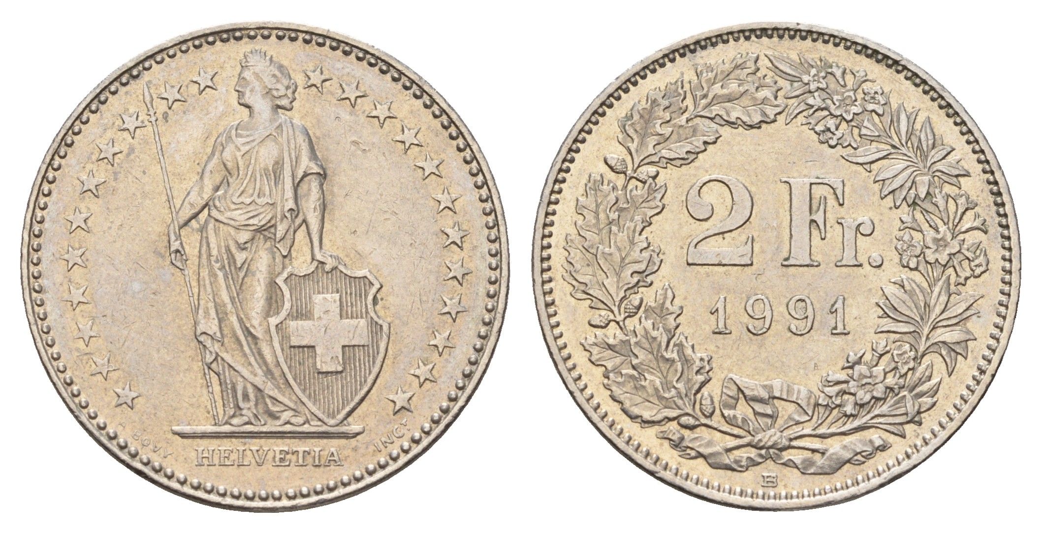 Швейцария 2 франка 1991 KM 21a медно-никель 186-835