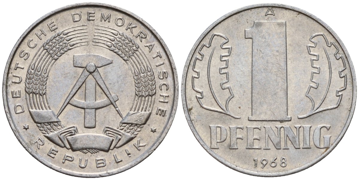 ГДР 1 пфенниг 1968 A KM 8.1 алюминий 100-366