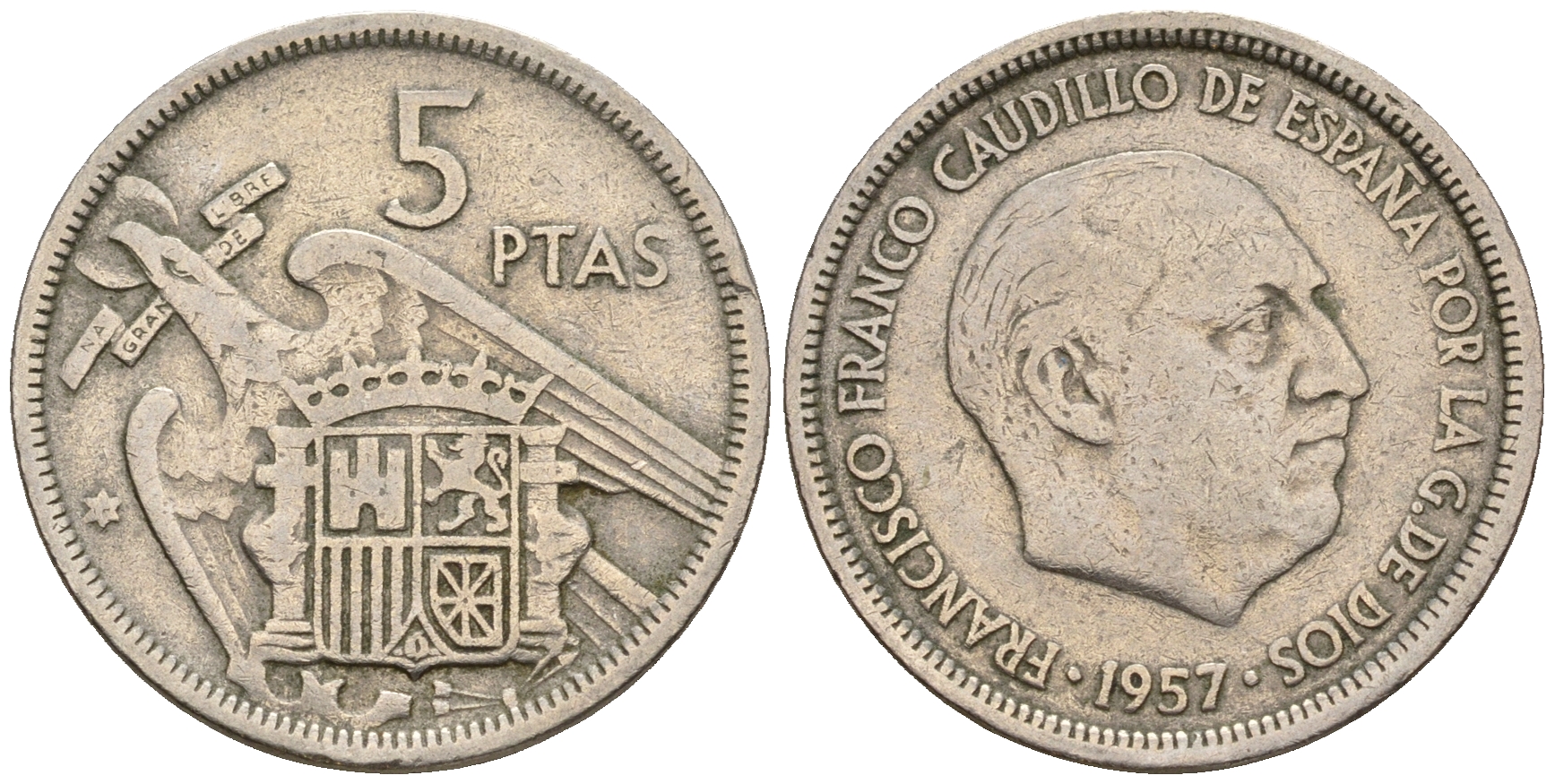 Испания 5 песет 1957 Франсиско Франко (1939-1975) KM 786 медно-никель 259-116