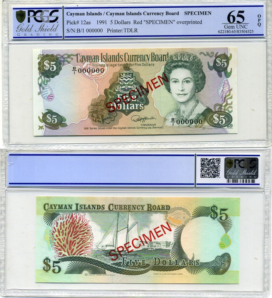 Каймановы острова набор из 4 банкнот 1991 образец, Specimen, в слабах PCGS - 5 долларов 65 Gem UNC, 10 долларов 65 Gem UNC, 25 долларов 67 Superb Gem UNC, 100 долларов 68 Superb Gem UNC Pick 12as, 13bs, 14s, 15s бумага 452-1-45