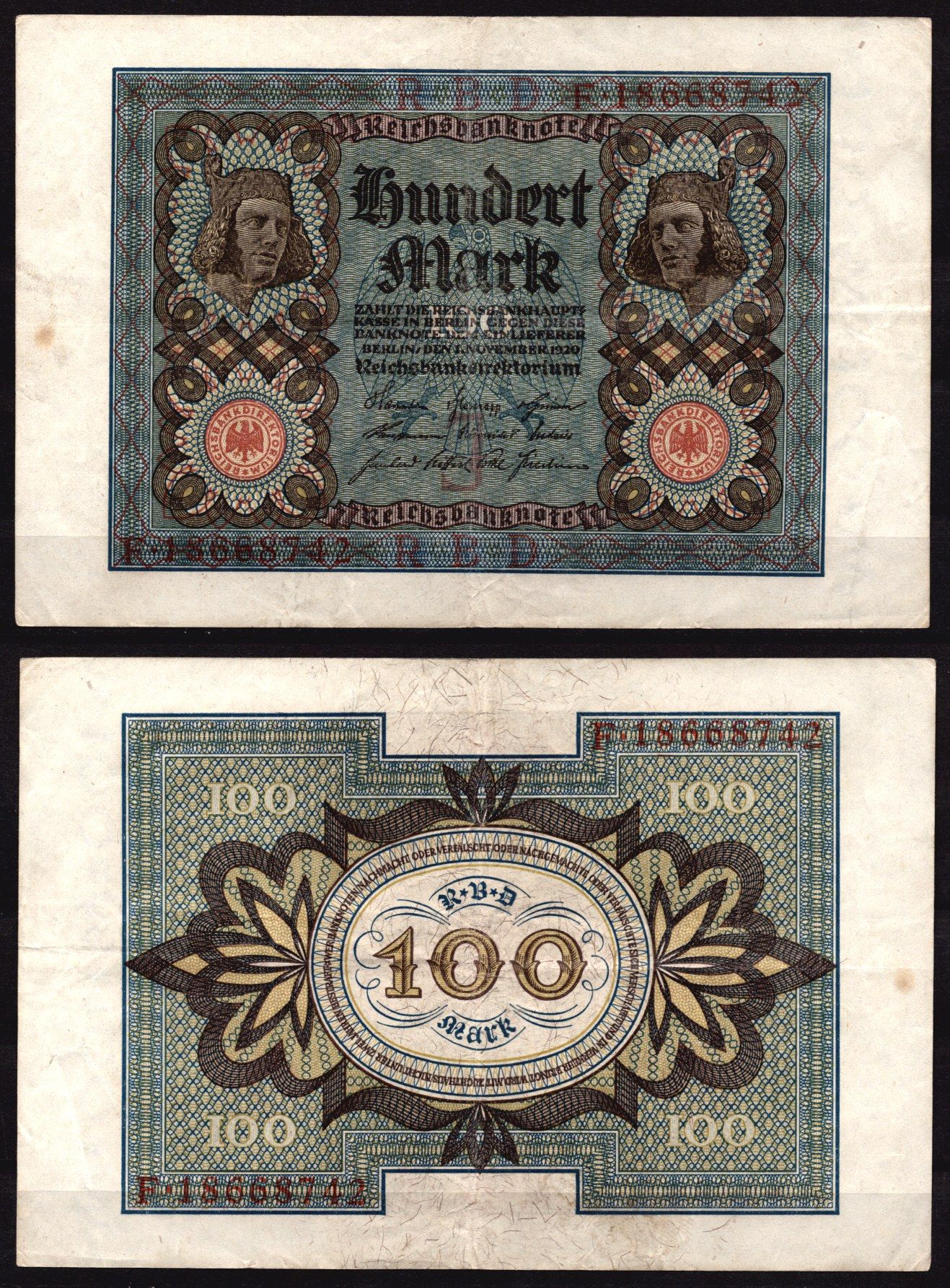 Германия 100 марок 1931 Веймар,8 цифр в номере, J, «Бамбергский всадник» из оперы «Купол Бамберга». Pick 69 b бумага 6289-26-2-2