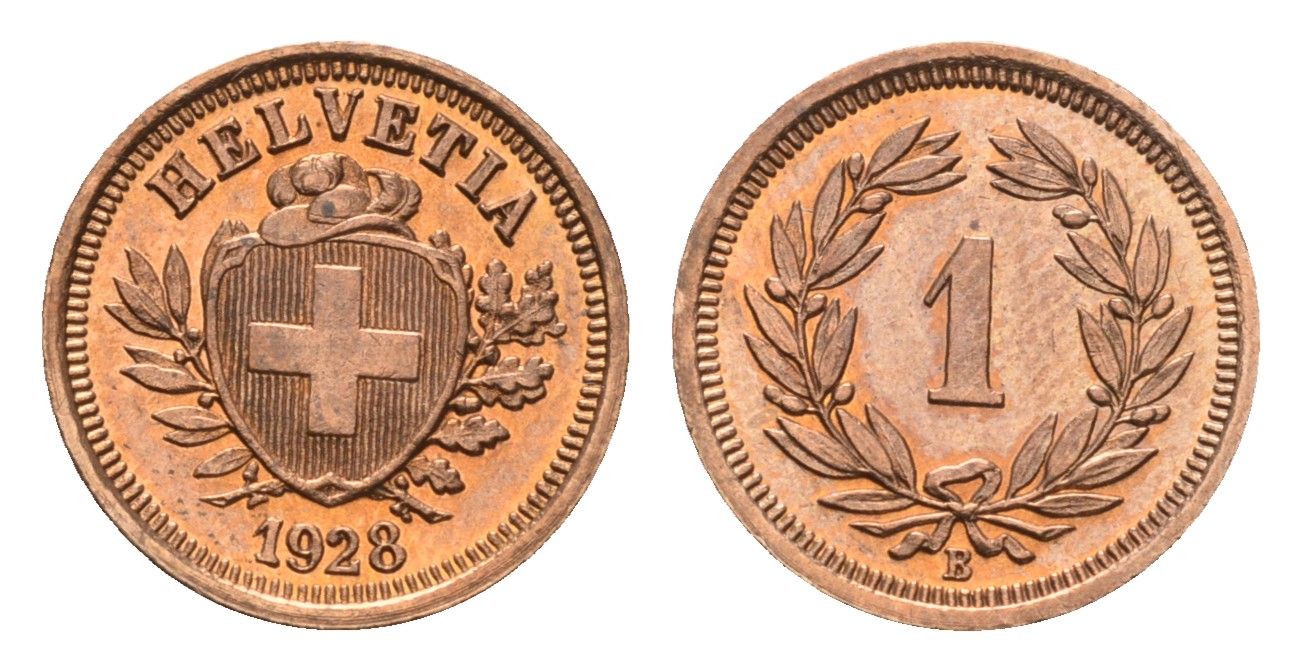 Швейцария 1 раппен 1928 B KM 3.2 бронза aUNC 46-535