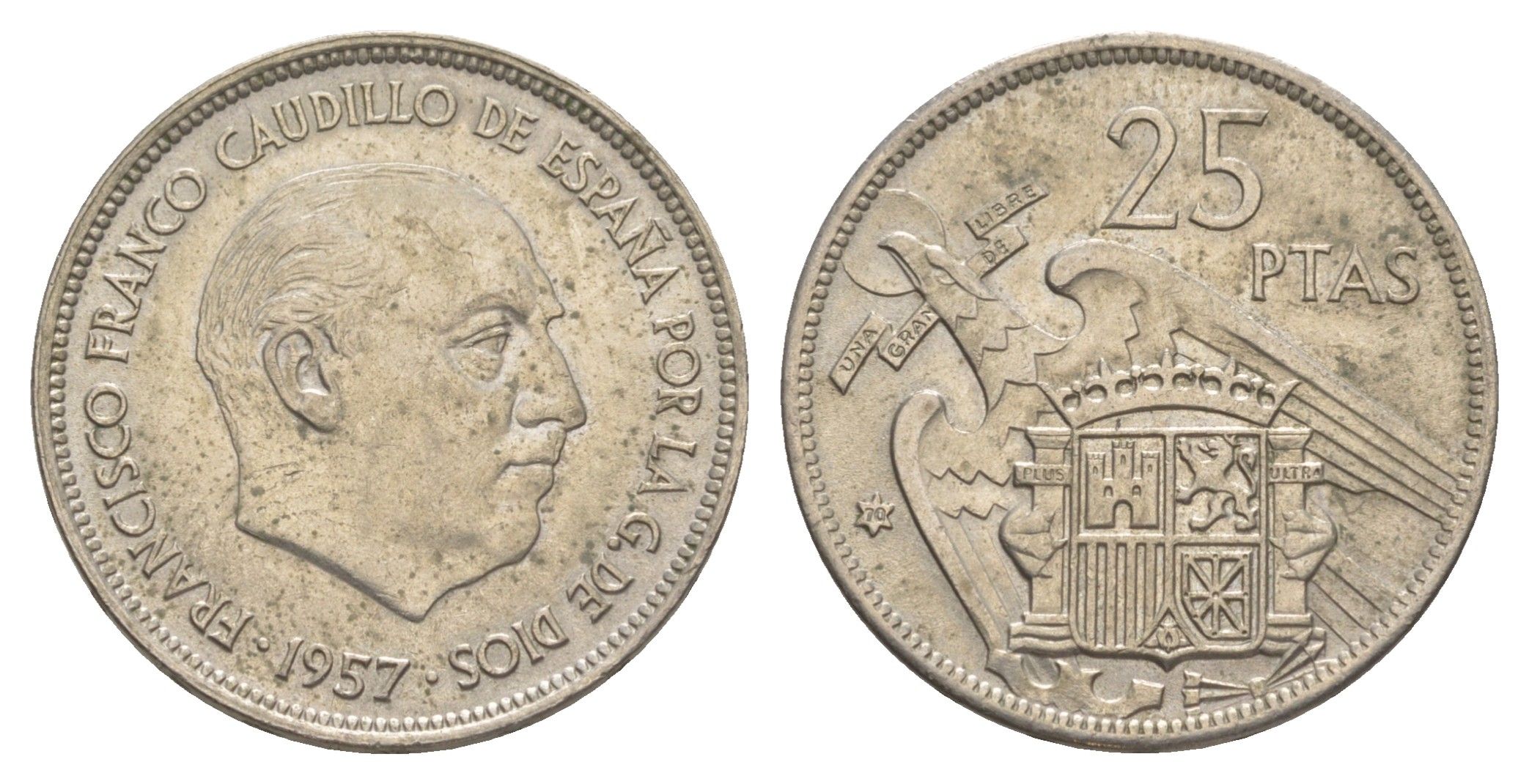 Испания 25 песет 1957 (70) Франсиско Франко (1939-1975) KM 787 медно-никель 4616-523