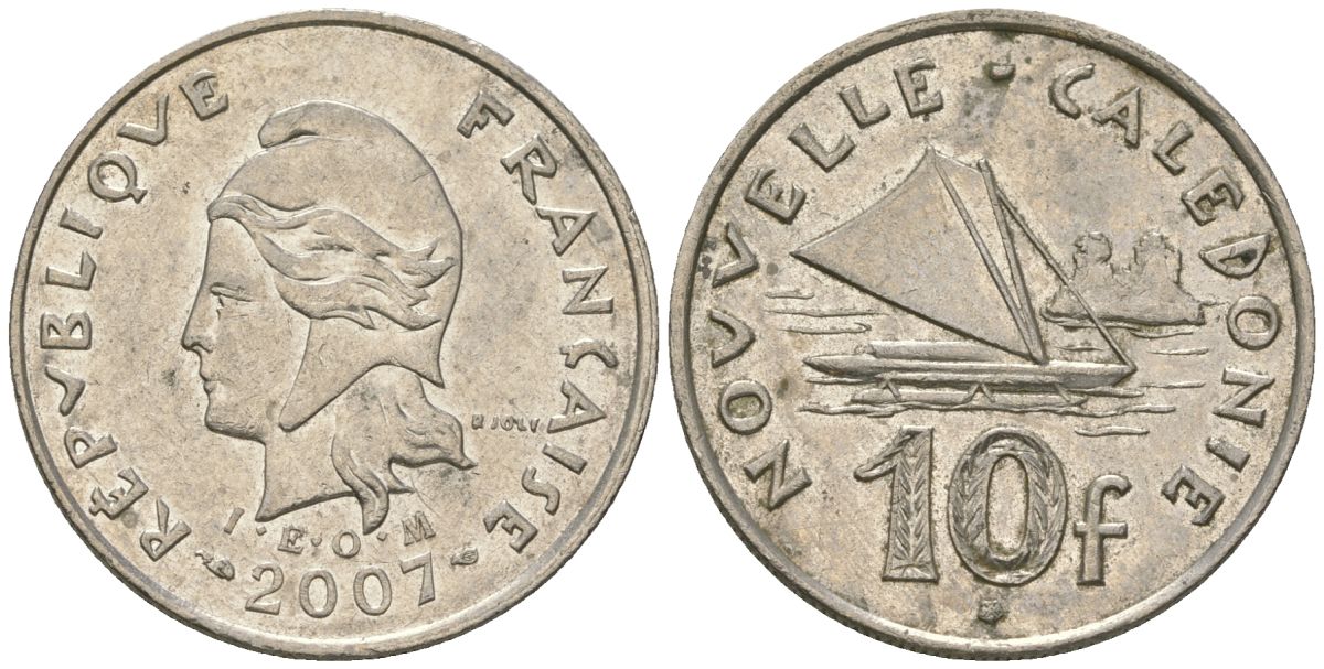 Французская Новая Каледония 10 франков 2007 рыбачья парусная лодка, (IEOM) KM 11a, Schoen 13a, Lec 99k медно-никель 57-1337