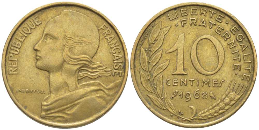 ФРАНЦИЯ 10 САНТИМОВ 1968 ТИП MARIANNE KM 929, LE FRANC 144.8 алюминиевая бронза 116-427
