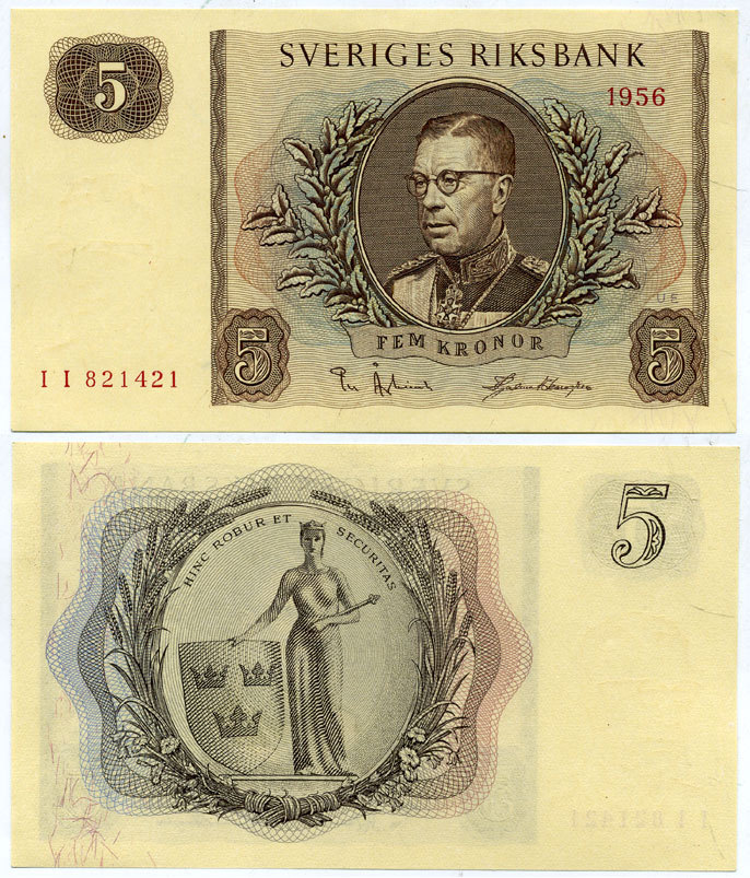 Швеция 5 крон 1956 Pick 42c бумага UNC (пресс) 7523-3-1