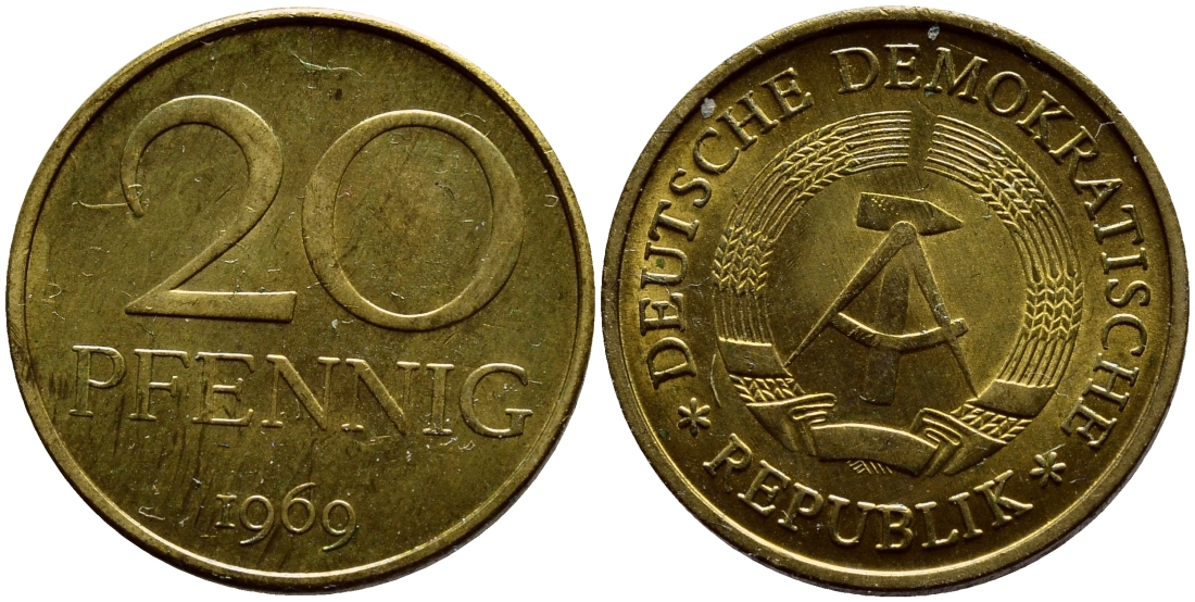 ГДР 20 пфеннигов 1969 А, первый год KM 11 латунь UNC 4398-1043