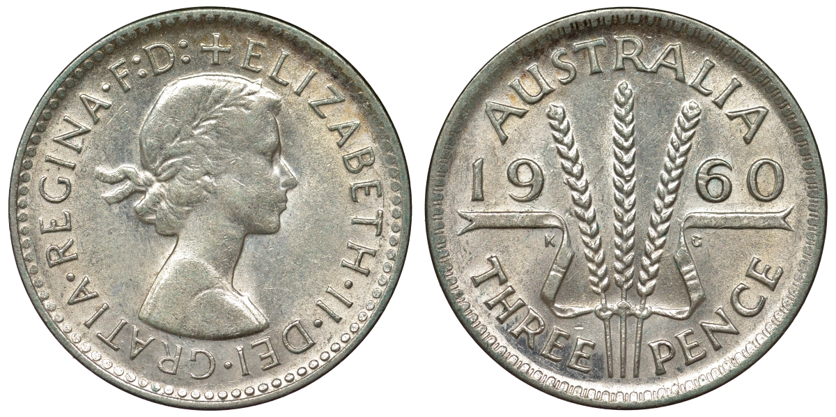 Австралия 3 пенса 1960 m, Елизавета II (1952-2022) KM 57 серебро 71-647