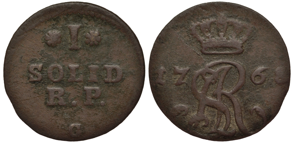 Польша 1 солид 1768 G, Станислав Август Понятовский (1764-1795), вес 1,02 гр. KM 180 (С33) медь 1516-1324