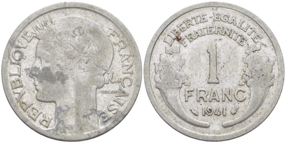 ФРАНЦИЯ 1 ФРАНК 1941 ТИП MORLON, LEGERE KM 885a.1, LE FRANC 221.2 алюминий 175-446