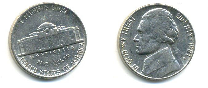 США 5 ЦЕНТОВ 1981 D, ДЖЕФФЕРСОН KM А192 медно-никель 179-731