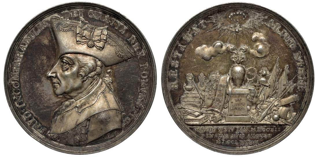 Бранденбург-Пруссия медаль 1786 Фридрих, медальер Ernst Otto Horn, диаметр 44,77 мм., вес 26,26 гр., зеркальное поле серебро UNC 00-000-00