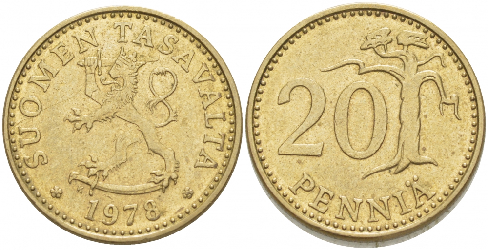 ФИНЛЯНДИЯ 20 ПЕННИ 1978 K KM 47 алюминиевая бронза 3718-636