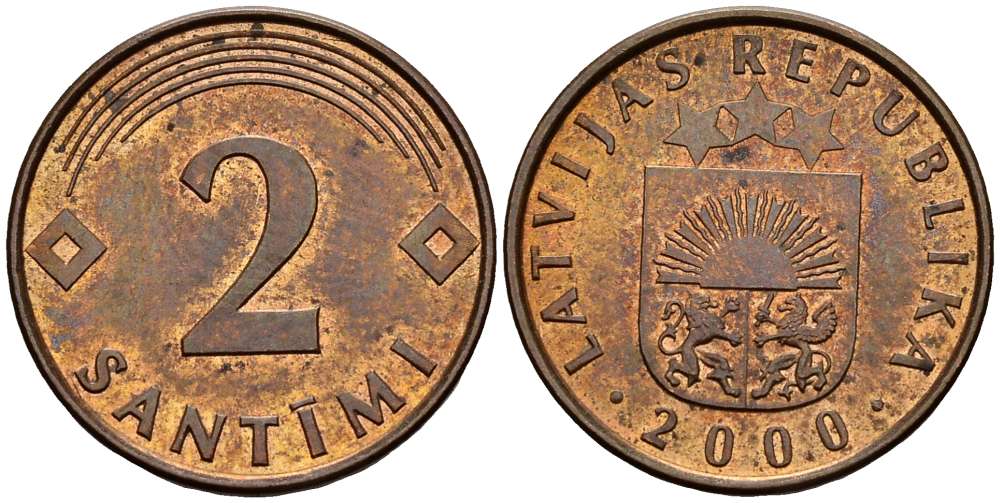 Латвия 2 сантима 2000 KM 21 сталь плакированная бронзой 3955-1155
