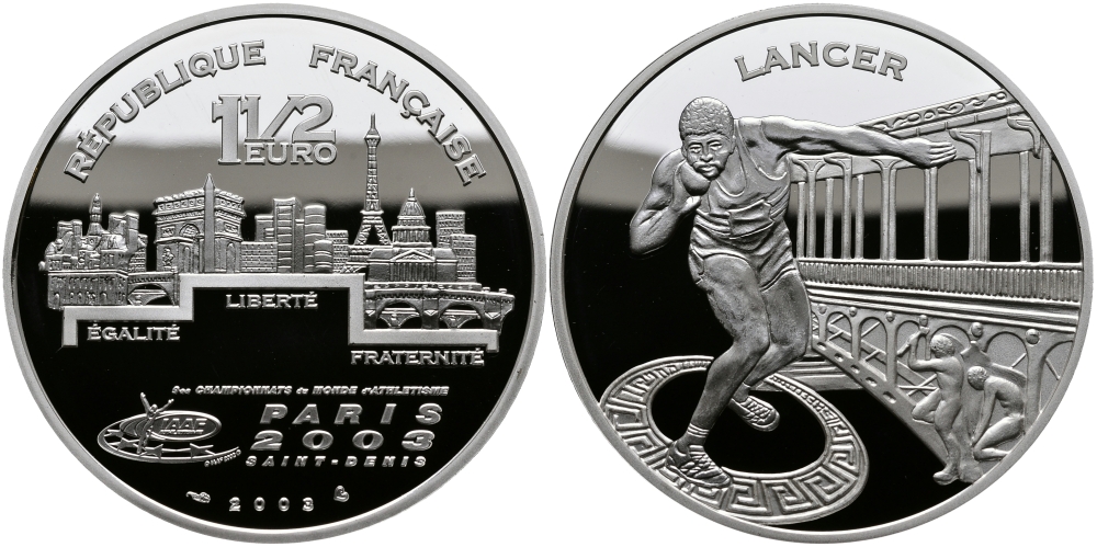 Франция 1 1/2 евро 2003 Чемпионат мира по лёгкой атлетике 2003 года в Сен-Дени, толкание ядра KM 1843 серебро PROOF 1095-3-24
