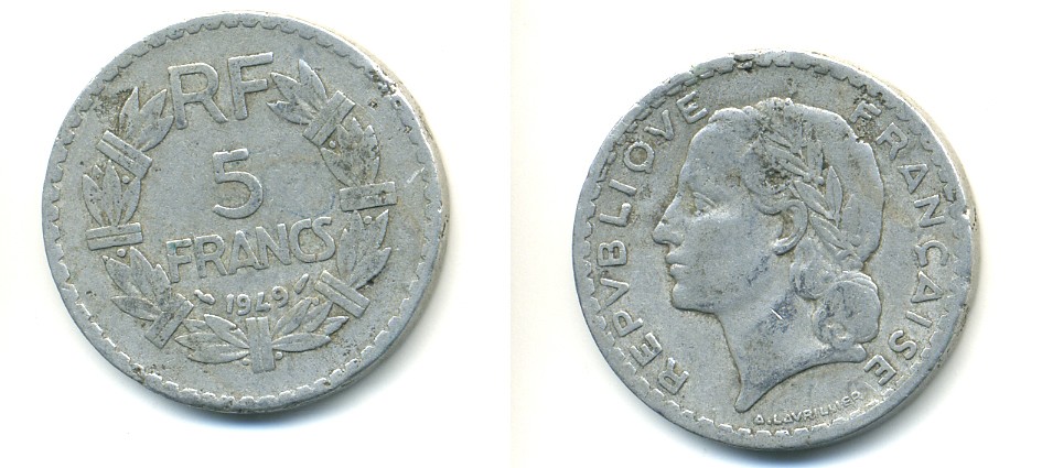 Франция 5 франков 1949 тип Лаврийе KM 888b.1, LE FRANC 339.17 алюминий 80-131