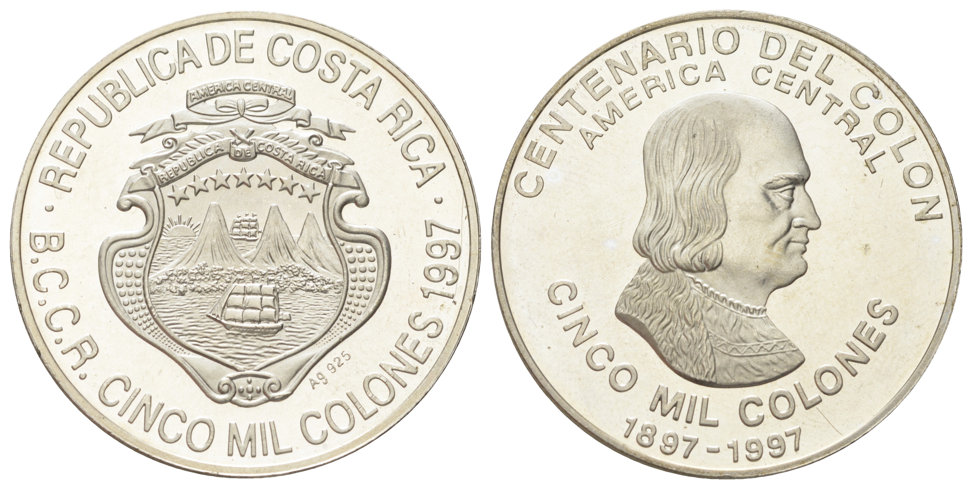 Коста-Рика 5000 колонов 1997 100 лет колона, Христофор Колумб KM 235 серебро  PROOF  11-322-44
