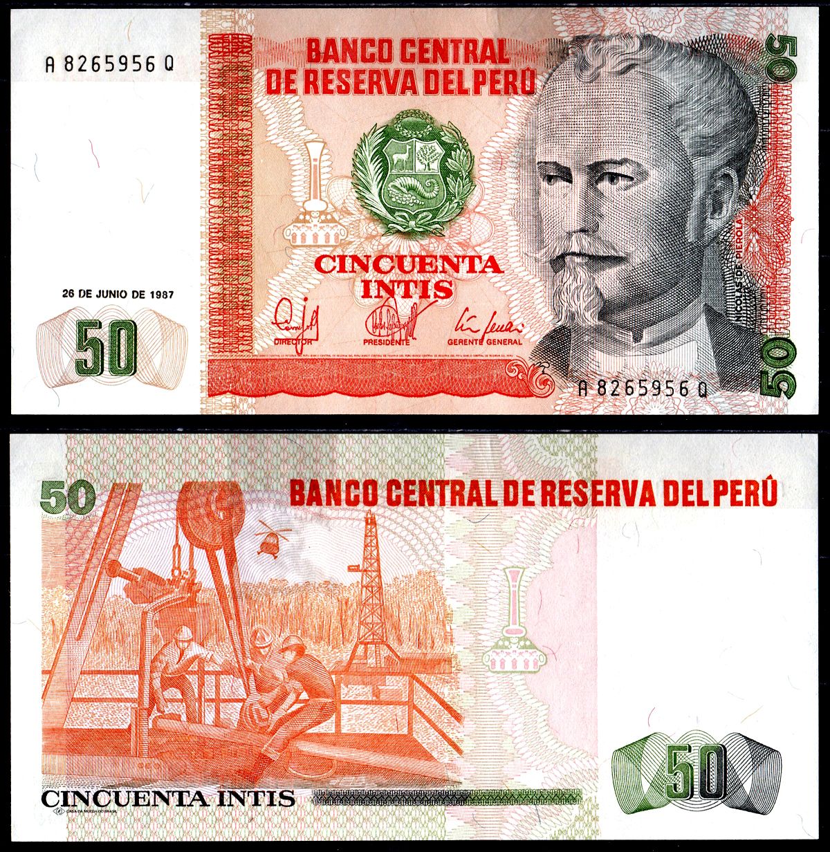 Перу 50 инти 1987 Николас де Пьерола, президент Pick 131 b бумага UNC (пресс) 6278-45-2-1