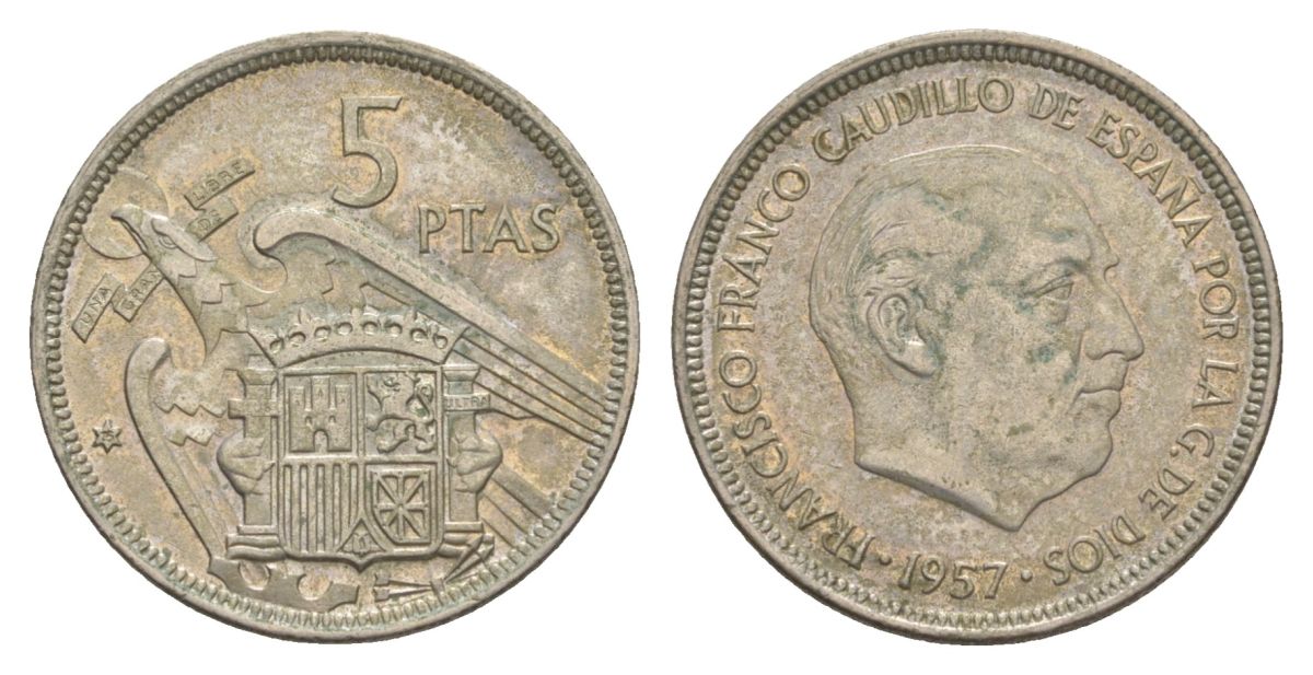 Испания 5 песет 1957 (75) KM 786 медно-никель 4633-425