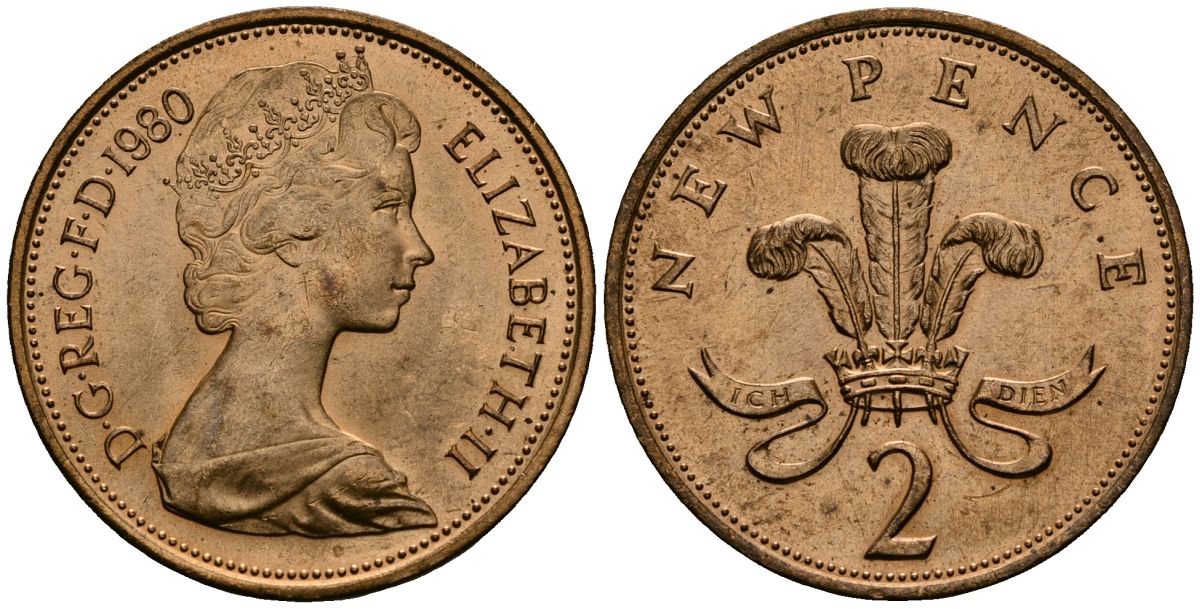 Великобритания 2 пенса 1980 Елизавета II (1952-2022) KM 916, Spink 4235 (C1) бронза 4381-1013