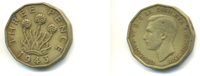 Великобритания 3 пенса 1943 Георг VI (1936-1952) KM 849, Spink 4112 никель латунь 83-711