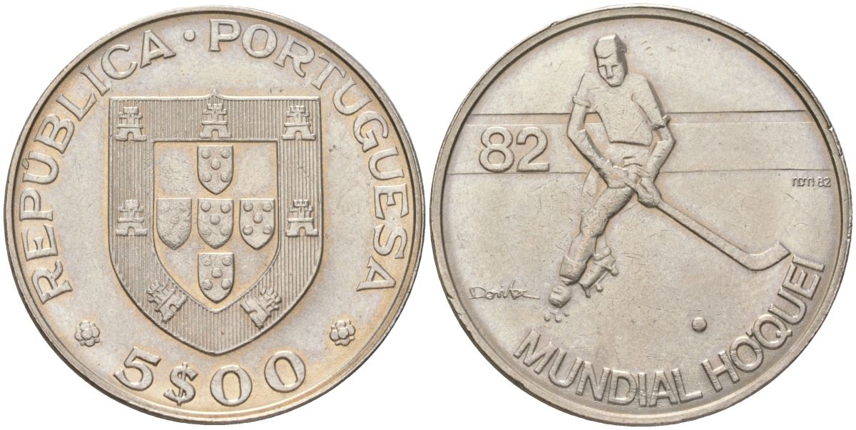 Португалия 5 эскудо 1982 Чемпионат мира по хоккею на роликах KM 615 медно-никель aUNC 4142-324
