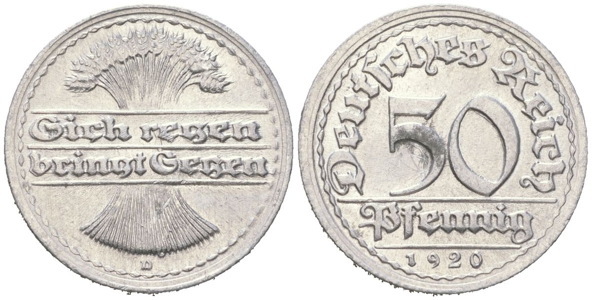 Германия 50 пфеннигов 1920 D KM 27 алюминий aUNC 31-222
