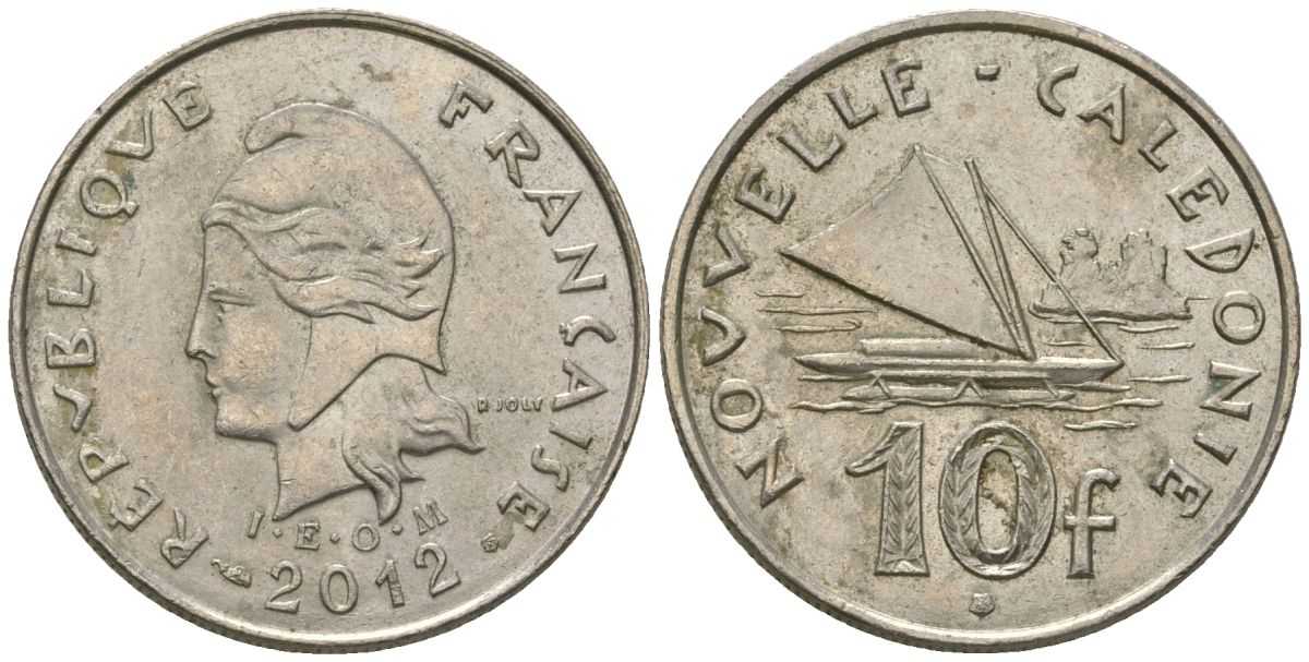 Французская Новая Каледония 10 франков 2012 рыбачья парусная лодка, (IEOM) KM 11a, Schoen 13a, Lec 99k медно-никель 65-733