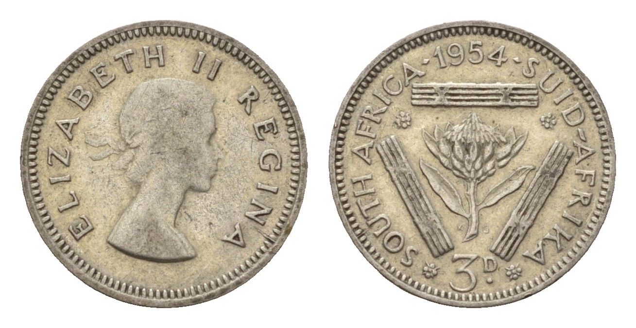 ЮАР 3 пенса 1954 Елизавета II (1952-2022) KM 47 серебро 4547-411