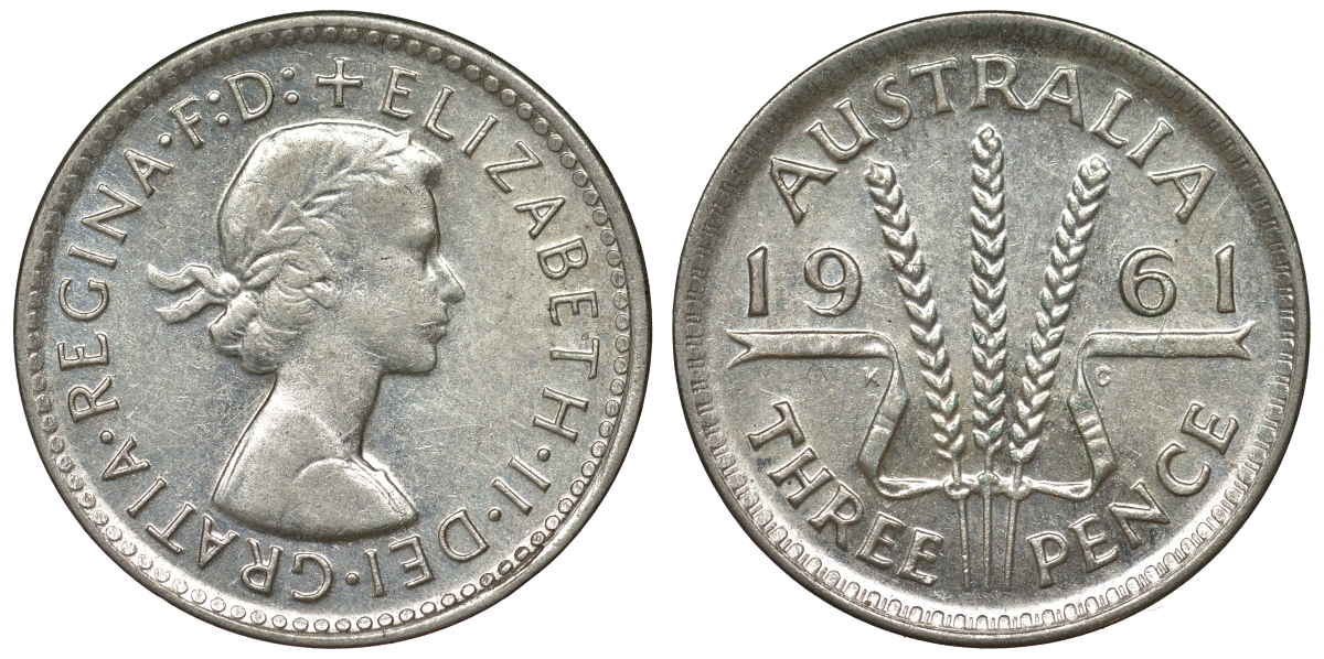 Австралия 3 пенса 1961 m, Елизавета II (1952-2022) KM 57 серебро 71-811