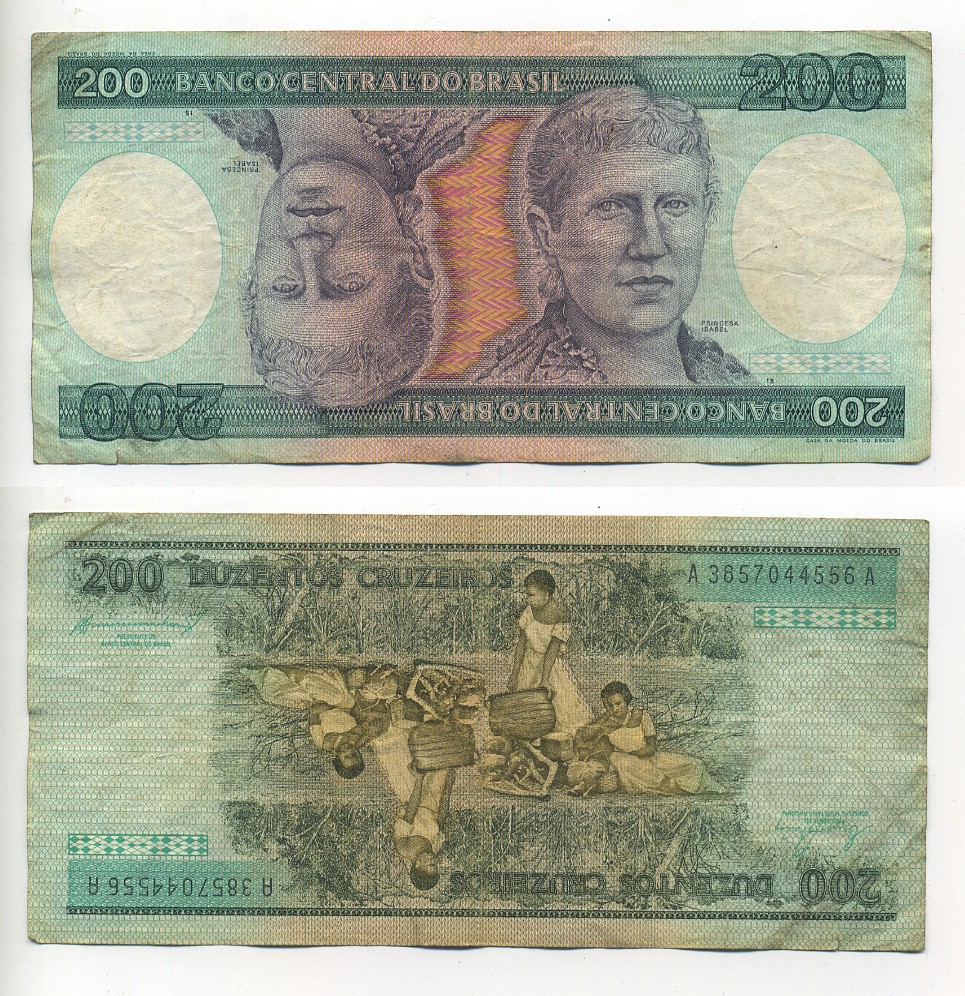 БРАЗИЛИЯ 200 КРУЗЕЙРО 1984 ПОДПИСЬ 21, СЕРИЯ А 3857, ПРИНЦЕССА ИЗАБЕЛА Pick 199b бумага 6289-29-1-1