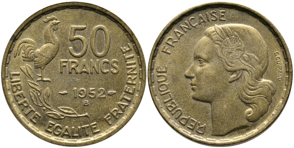 ФРАНЦИЯ 50 ФРАНКОВ 1952 В, ПЕТУХ KM 918.2 алюминиевая бронза 4523-356