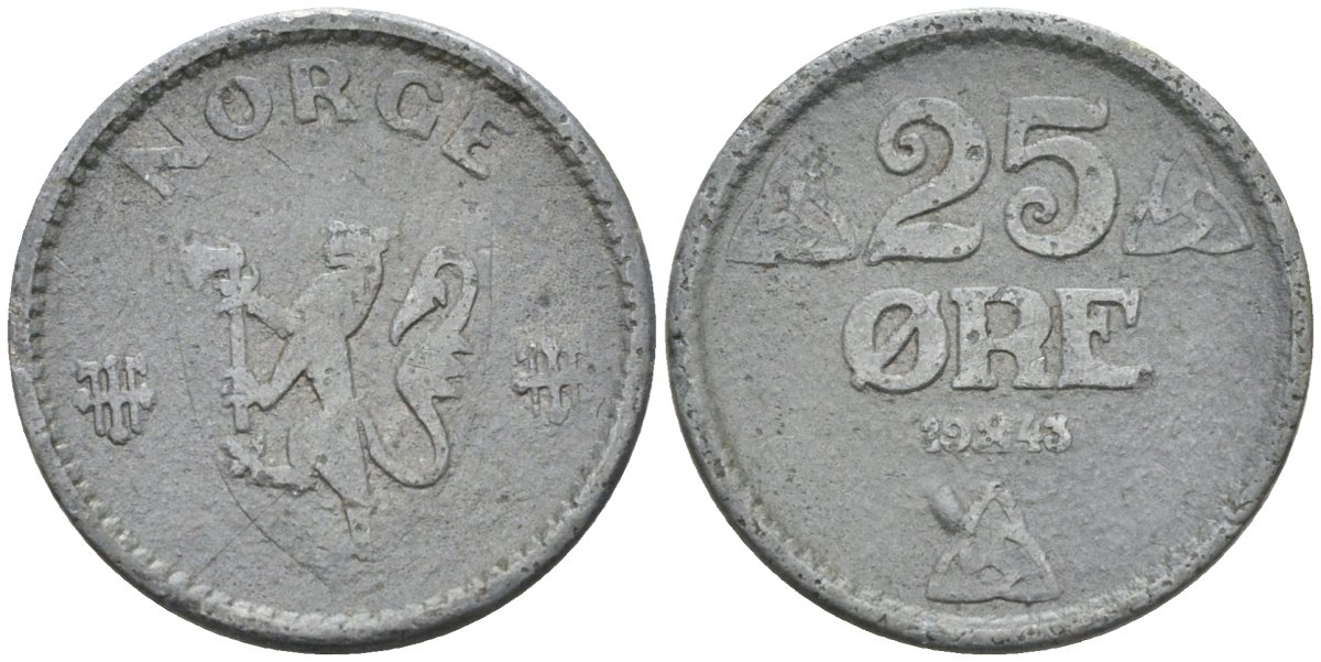 Норвегия 25 эре 1943 Хокон VII (1905-1957) KM 395 цинк 4580-1027