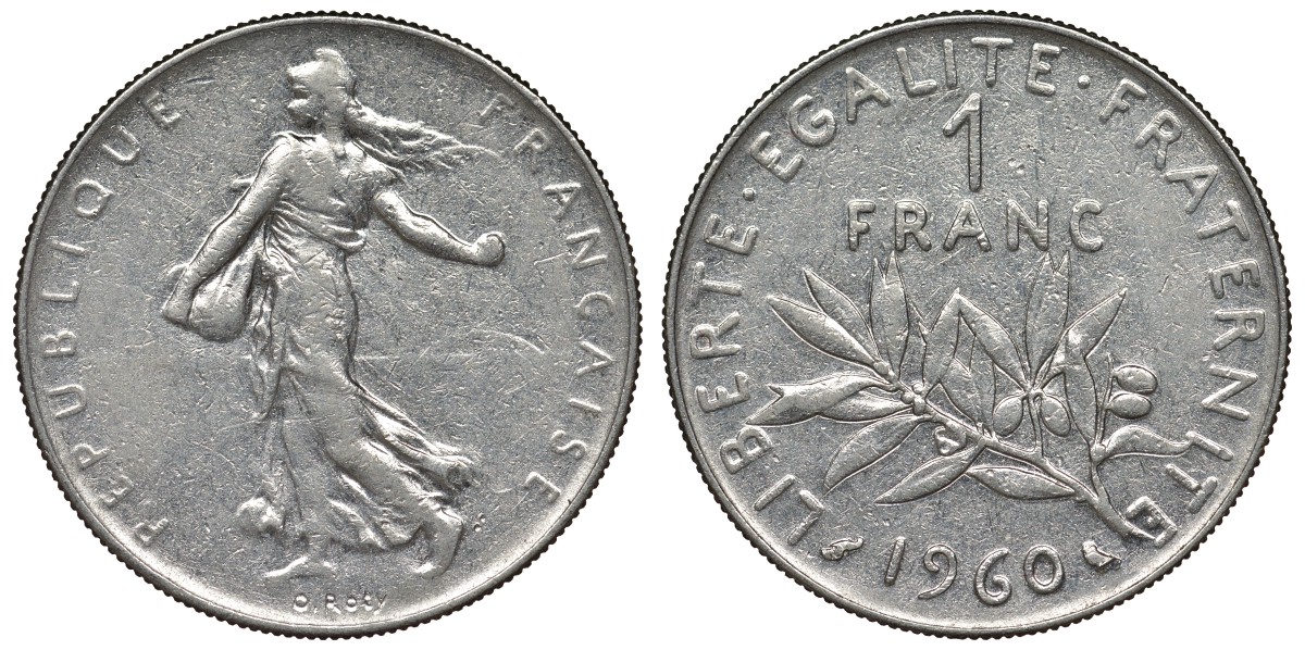 Франция 1 франк 1960 сеятель KM 925.1, Le Franc 226.5 никель 4128-423