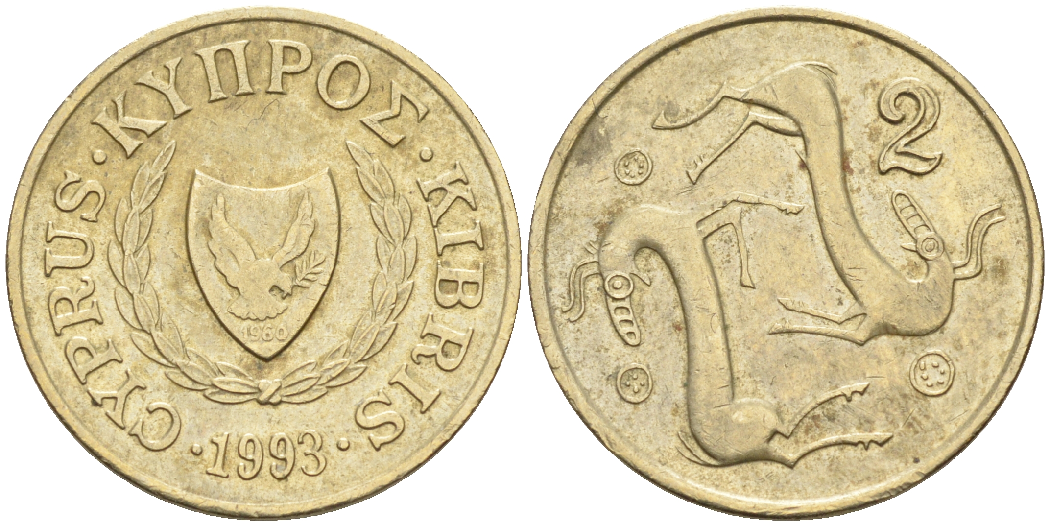 Кипр 2 цента 1993  KM 54.3 никель латунь    4115-415