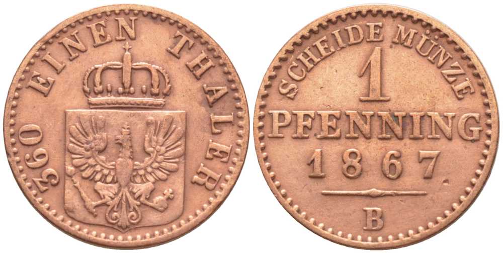 ПРУССИЯ 1 ПФЕННИГ 1867 В, ВИЛЬГЕЛЬМ I (1861-1888) KM 480 медь 201-546