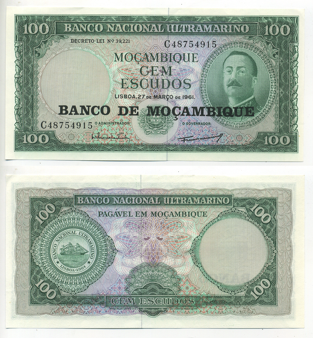 Мозамбик 100 эскудо 1961 (1976) надпечатка на 1961, Айрес де Орнелас  Pick 117 a бумага aUNC 6280-31-2