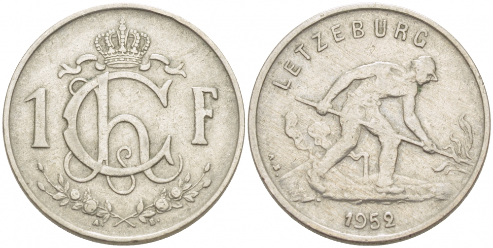 ЛЮКСЕМБУРГ 1 ФРАНК 1952 СТАЛЕВАР KM 46.2 медно-никель 77-835