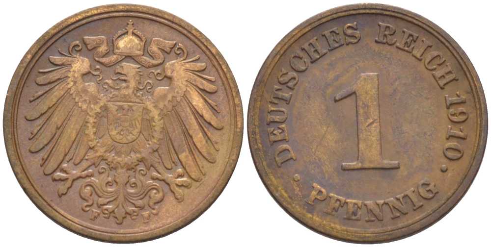 ГЕРМАНИЯ 1 ПФЕННИГ 1910 F KM 10, J. 10, Weege 2 медь 211-428