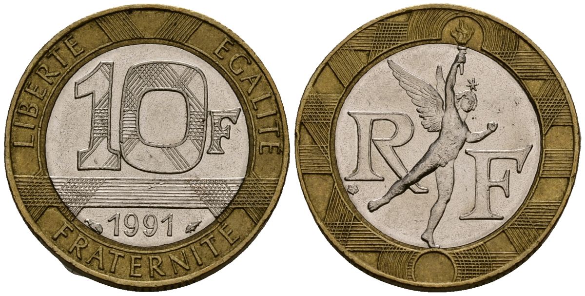 Франция 10 франков 1991 тип Гений Бастилии KM 964.1, Le Frank 375.6 биметалл 4138-333
