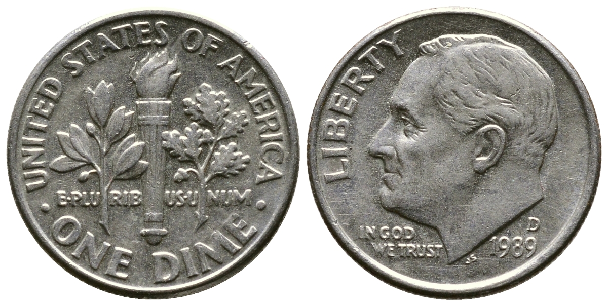 США 10 ЦЕНТОВ = 1 ДАЙМ 1989 D, РУЗВЕЛЬТ KM 195а медь плакированная медно-никелем 57-1249