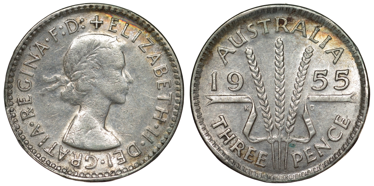 Австралия 3 пенса 1955 m, Елизавета II (1952-2022) KM 57 серебро 71-432